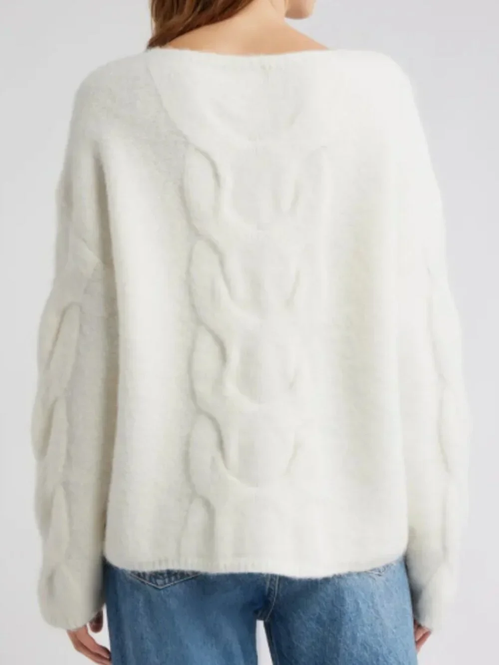 Open Edit Oversized Cable Boatneck Sweater – Size XS (Ivory)